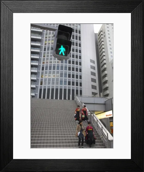 Framed Print : Women in traditional kimonos walking down a fight of Framed Print : Women in traditional kimonos walking down a fight of
