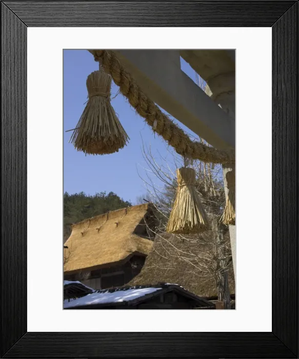 Framed Print : Traditional hay bobbles hanging from Shinto torii with Framed Print : Traditional hay bobbles hanging from Shinto torii with