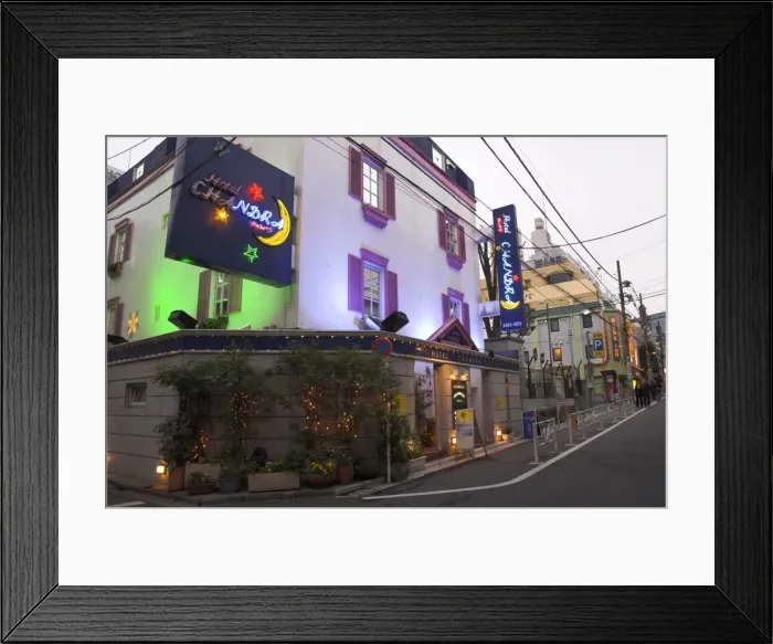 Framed Print : View at dusk of a street with row of love hotels Framed Print : View at dusk of a street with row of love hotels