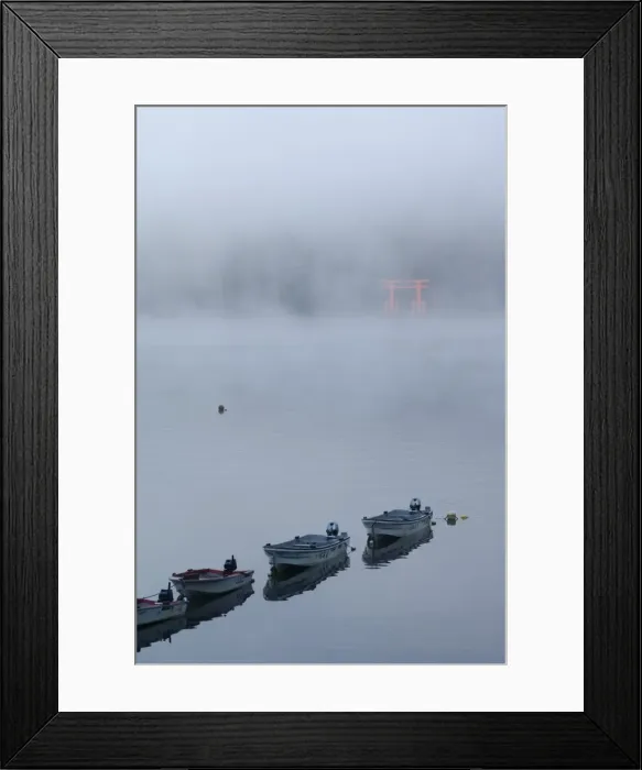 Framed Print : Small boats in the mist on lake Ashi (Ashiko) Framed Print : Small boats in the mist on lake Ashi (Ashiko)