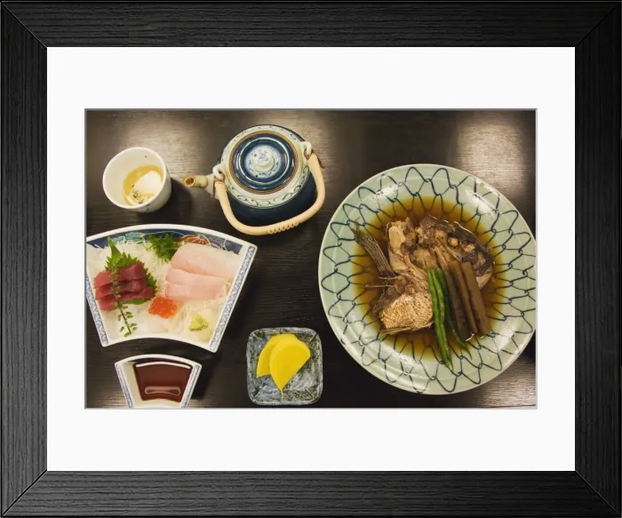 Framed Print : A traditional Japanese meal of sushi and fish head Framed Print : A traditional Japanese meal of sushi and fish head