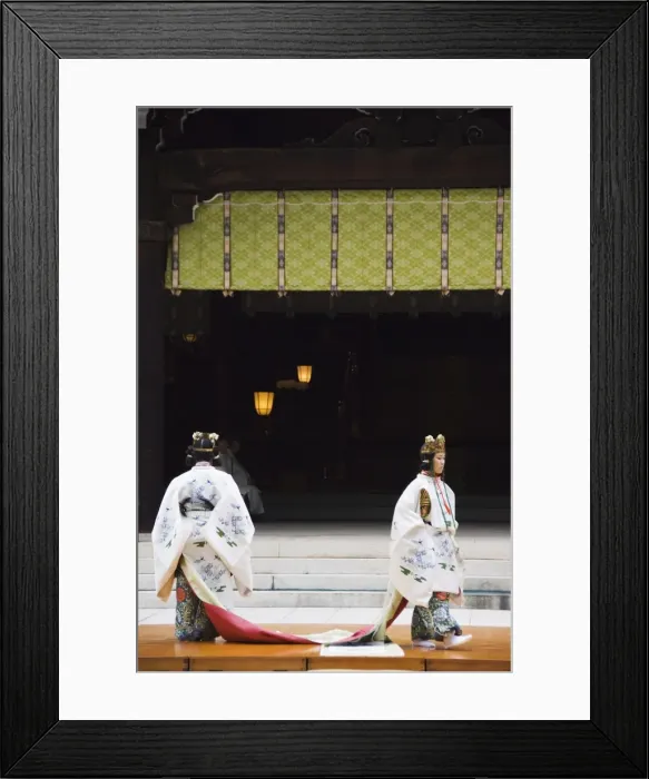 Framed Print : Dance by shrine maidens in special kimono on Culture Framed Print : Dance by shrine maidens in special kimono on Culture