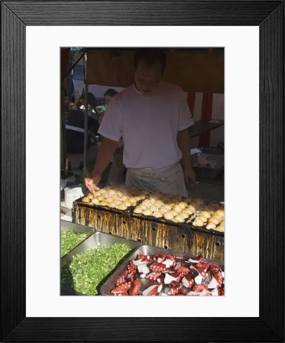 Framed Print : Takoyaki octopus balls being made at monthly flea market Framed Print : Takoyaki octopus balls being made at monthly flea market