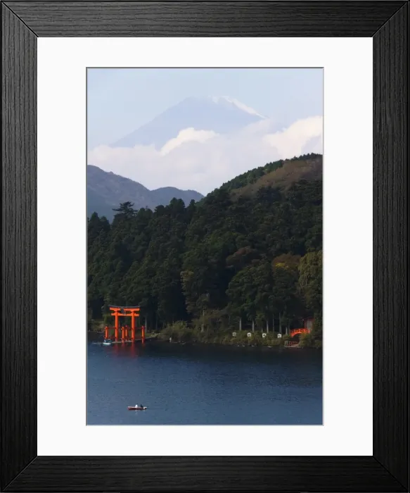 Framed Print : Red Torii Gate on Lake Ashi with Mount Fuji in background Framed Print : Red Torii Gate on Lake Ashi with Mount Fuji in background
