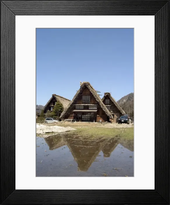 Framed Print : Snow melt, reflection of gasshou zukuri thatched roof houses Framed Print : Snow melt, reflection of gasshou zukuri thatched roof houses