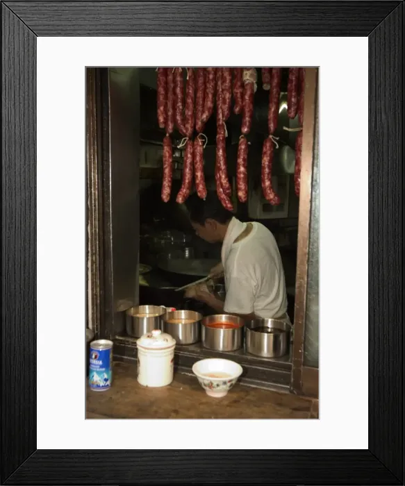 Framed Print : Hanging sausages in window of restaurant kitchen Framed Print : Hanging sausages in window of restaurant kitchen