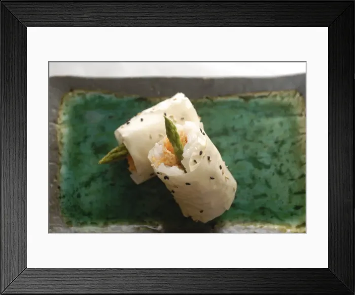 Framed Print : Sushi appetizer of salmon and asparagas in rice and sesame parcel Framed Print : Sushi appetizer of salmon and asparagas in rice and sesame parcel