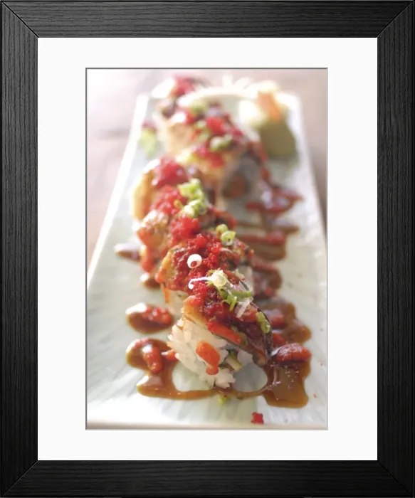 Framed Print : Plate of sushi rolls with hot sauce Framed Print : Plate of sushi rolls with hot sauce