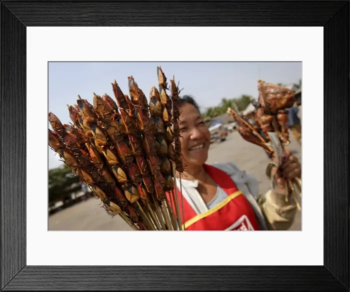 Framed Print : Woman selling bug skewers at a bus stop Framed Print : Woman selling bug skewers at a bus stop