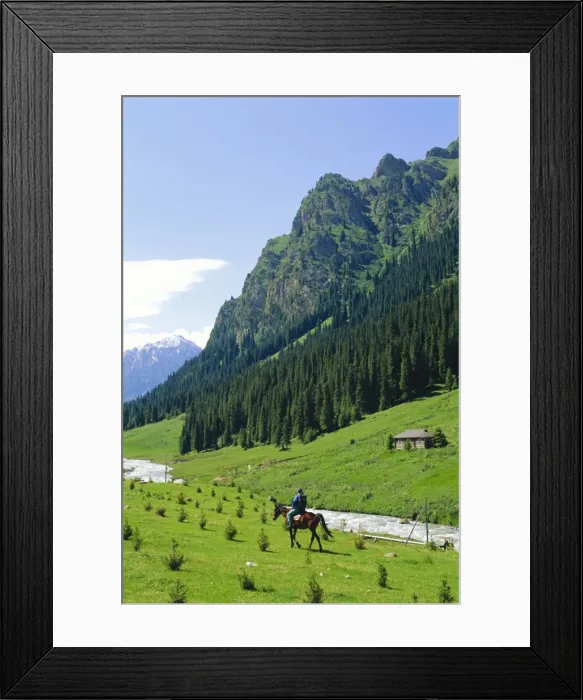 Framed Print : Man on horse at Altyn-Arashan near Kara-Kol