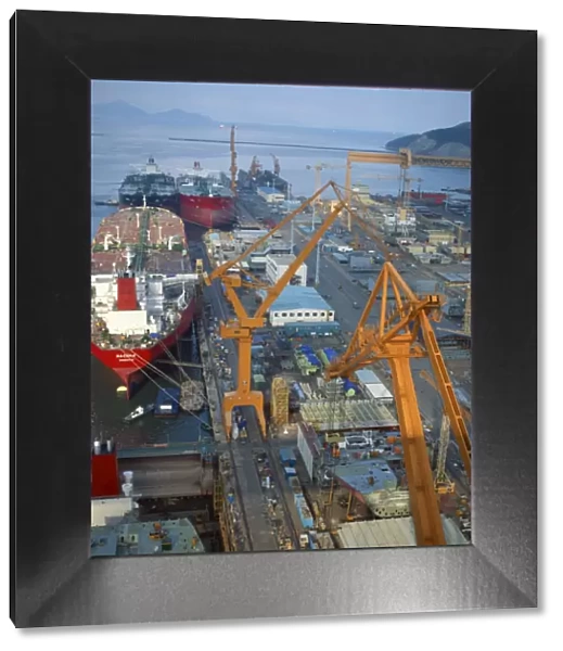 Cranes and ships in the Okpo Shipyard in South Korea