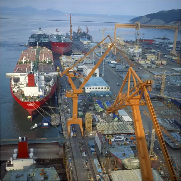 Cranes and ships in the Okpo Shipyard in South Korea