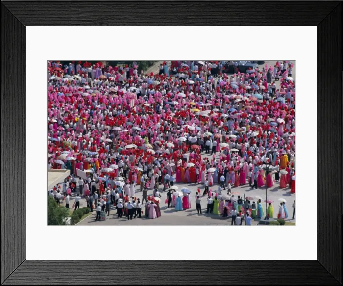 Framed Print : Women in national dress parade in Kim Il Sung Square for state visit