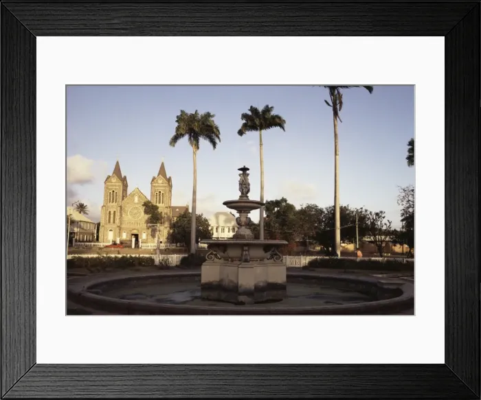 Framed Print : Fountain and cathedral, Independence Square, Basseterre, St Framed Print : Fountain and cathedral, Independence Square, Basseterre, St