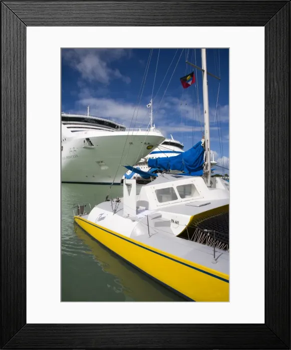Framed Print : Catamaran and cruise ships, Heritage Quay, St Framed Print : Catamaran and cruise ships, Heritage Quay, St