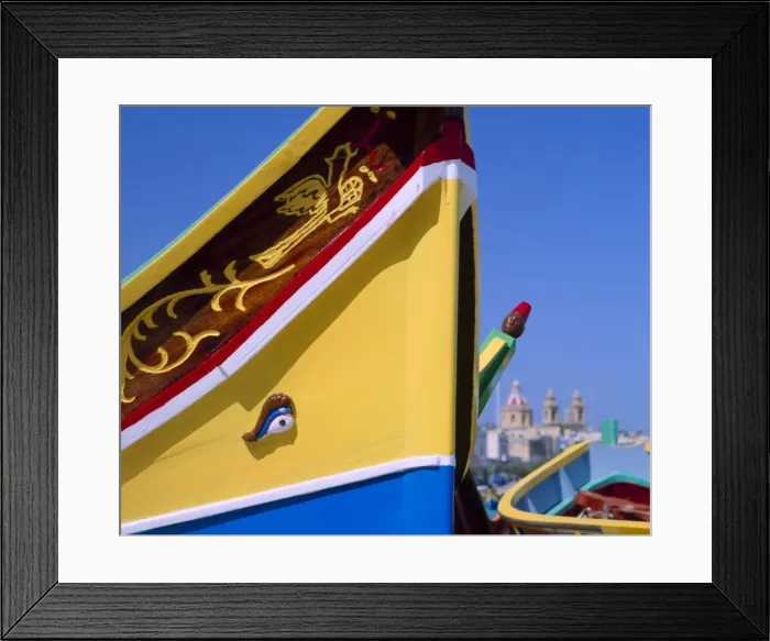 Framed Print : Close-up of a painted fishing boat with eye motif in Framed Print : Close-up of a painted fishing boat with eye motif in