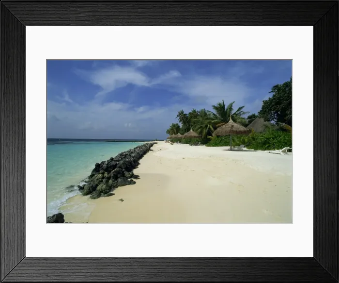 Framed Print : Tropical beach with thatched umbrellas and line of Framed Print : Tropical beach with thatched umbrellas and line of