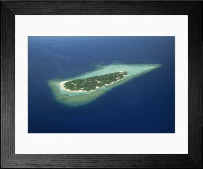 Framed Print : Aerial view of the island of Embudu in the Maldive Islands Framed Print : Aerial view of the island of Embudu in the Maldive Islands