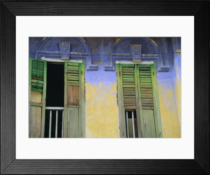 Framed Print : Colourful window shutters in an old builing Framed Print : Colourful window shutters in an old builing