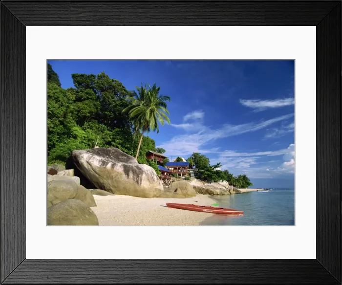 Framed Print : Houses and kayak on tropical beach on Perhentian Besar Framed Print : Houses and kayak on tropical beach on Perhentian Besar