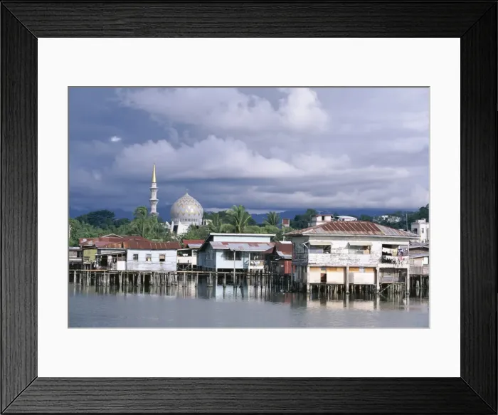 Framed Print : Stilt village and State Mosque Framed Print : Stilt village and State Mosque