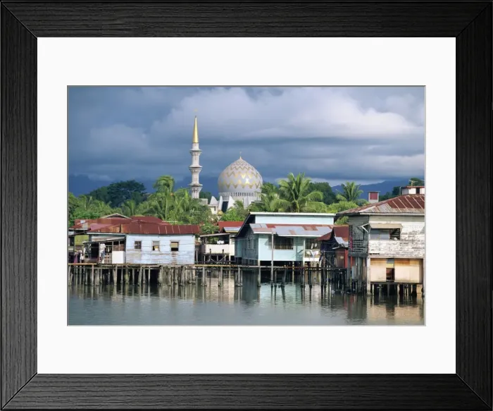 Framed Print : Stilt village and State Mosque in Kota Kinabalu Framed Print : Stilt village and State Mosque in Kota Kinabalu