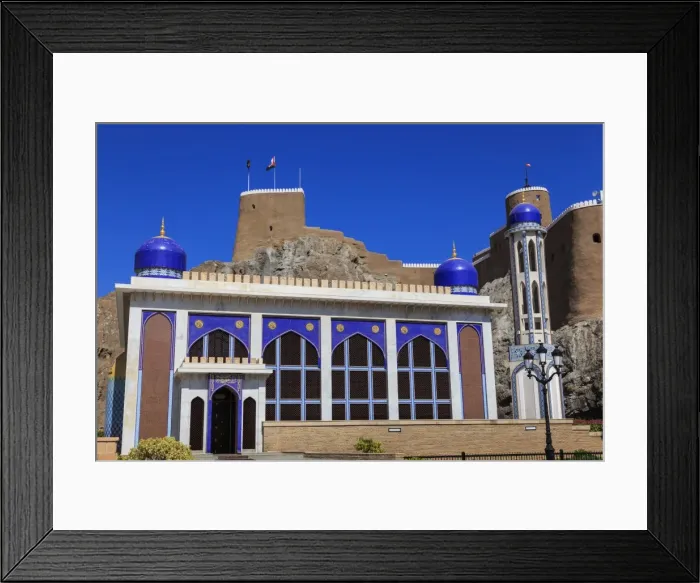 Framed Print : Blue domed mosque with minaret and Al-Mirani Fort, Old Muscat, Oman, Middle East Framed Print : Blue domed mosque with minaret and Al-Mirani Fort, Old Muscat, Oman, Middle East