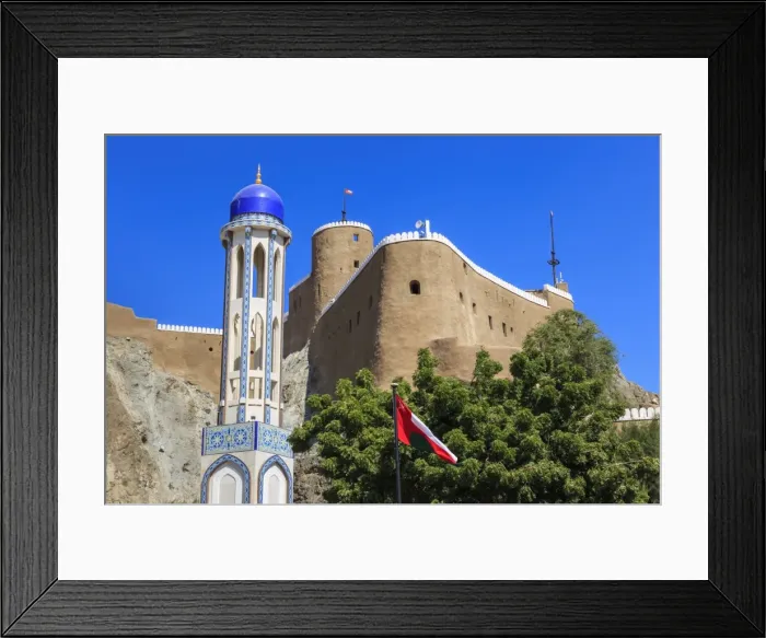 Framed Print : Blue domed mosque minaret, Oman, Middle Easti National Flag and Al-Mirani Fort, Old Muscat Framed Print : Blue domed mosque minaret, Oman, Middle Easti National Flag and Al-Mirani Fort, Old Muscat