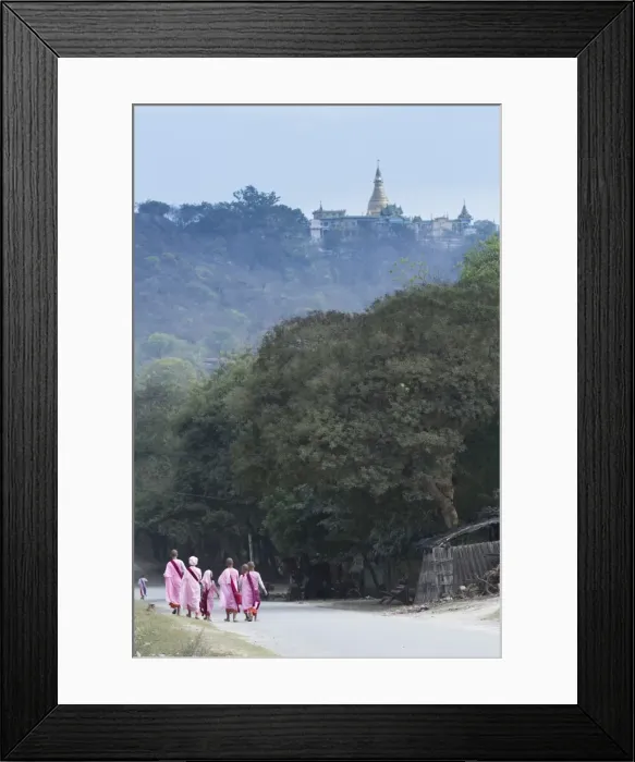 Framed Print : Buddhist nuns in traditional robes with the stupas of Sagaing in the distance, Sagaing Framed Print : Buddhist nuns in traditional robes with the stupas of Sagaing in the distance, Sagaing