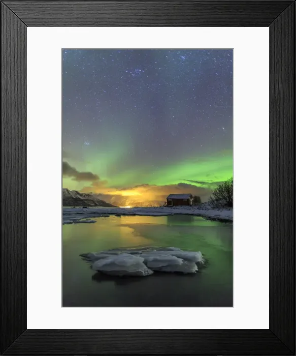 Framed Print : The Northern Lights illuminates the wooden cabin, Oteren, Storfjorden, Lyngen Alps