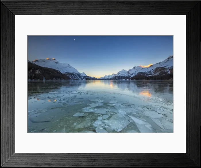 Framed Print : Sheets of ice on the surface of Lake Sils in a cold winter morning at dawn, Engadine