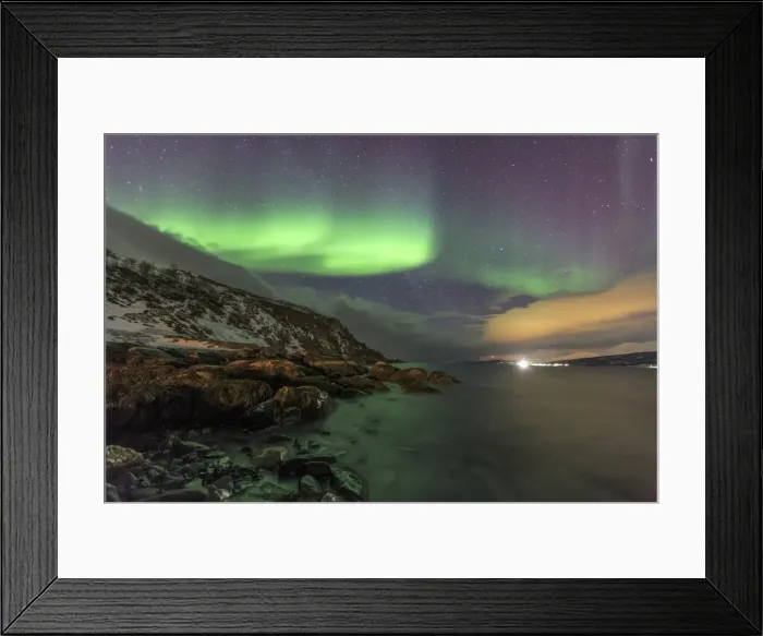Framed Print : Northern Lights on the icy sea of Svensby, Lyngen Alps, Troms, Lapland, Norway, Scandinavia