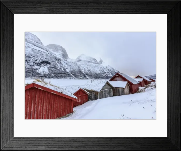 Framed Print : Typical wooden huts in the snowy landscape of Lyngseidet, Lyngen Alps, Tromso Lapland Framed Print : Typical wooden huts in the snowy landscape of Lyngseidet, Lyngen Alps, Tromso Lapland