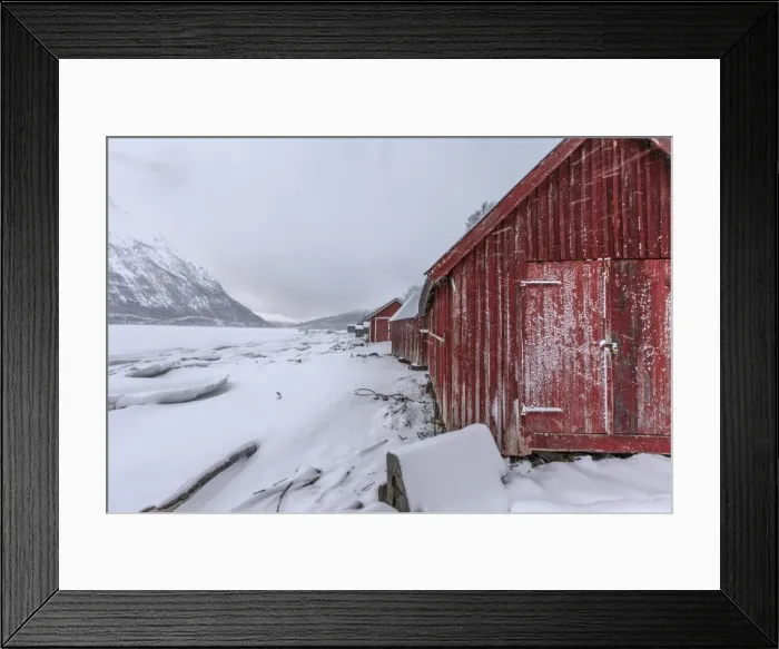 Framed Print : Typical wooden huts in the snowy landscape of Lyngseidet, Lyngen Alps, Tromso Lapland Framed Print : Typical wooden huts in the snowy landscape of Lyngseidet, Lyngen Alps, Tromso Lapland