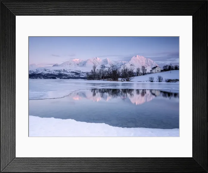 Framed Print : Snowy peaks are reflected in the frozen Lake Jaegervatnet at sunset, Stortind, Lyngen Alps Framed Print : Snowy peaks are reflected in the frozen Lake Jaegervatnet at sunset, Stortind, Lyngen Alps