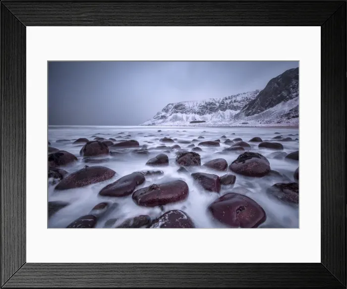 Framed Print : Rocks on the beach modeled by the wind surround the icy sea, Unstad, Lofoten Islands Framed Print : Rocks on the beach modeled by the wind surround the icy sea, Unstad, Lofoten Islands
