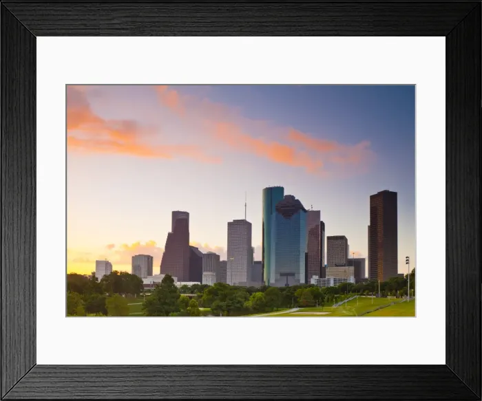 Framed Print : Houston skyline at dawn from Eleanor Tinsley Park, Texas, United States of America Framed Print : Houston skyline at dawn from Eleanor Tinsley Park, Texas, United States of America