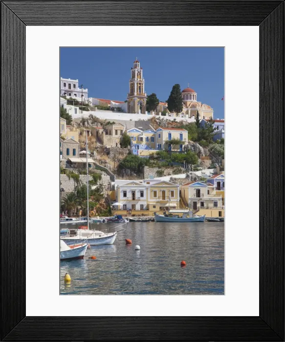 Framed Print : View over harbour to colourful houses and church, Gialos (Yialos), Symi (Simi), Rhodes Framed Print : View over harbour to colourful houses and church, Gialos (Yialos), Symi (Simi), Rhodes