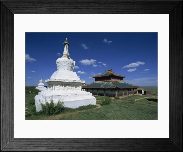 Framed Print : Exterior of white stupa (pagoda) and monastery building Framed Print : Exterior of white stupa (pagoda) and monastery building
