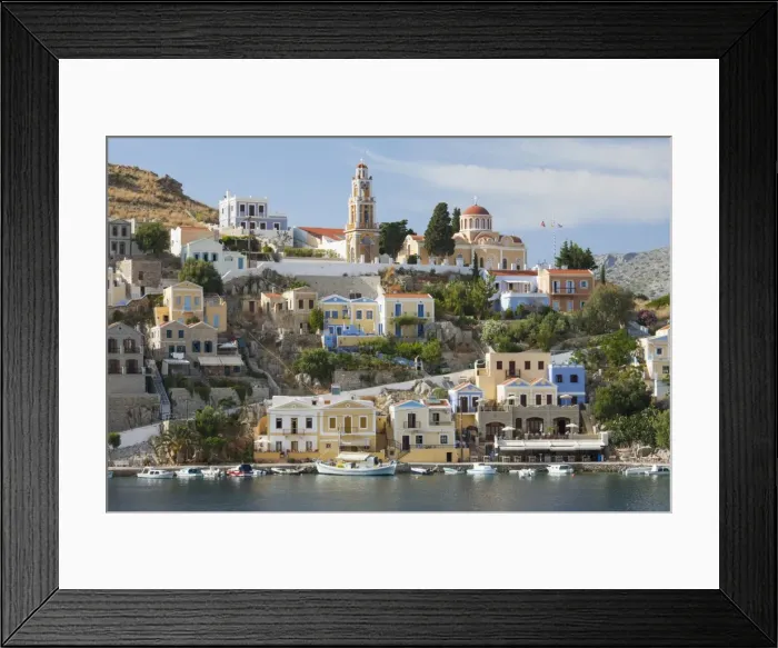 Framed Print : View over harbour to colourful houses and church, Gialos (Yialos), Symi (Simi), Rhodes Framed Print : View over harbour to colourful houses and church, Gialos (Yialos), Symi (Simi), Rhodes