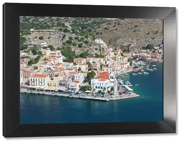 View over the picturesque waterfront, Gialos (Yialos), Symi (Simi), Rhodes, Dodecanese Islands