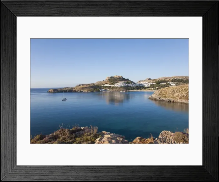 Framed Print : View across the tranquil waters of Lindos Bay, Lindos, Rhodes, Dodecanese Islands Framed Print : View across the tranquil waters of Lindos Bay, Lindos, Rhodes, Dodecanese Islands
