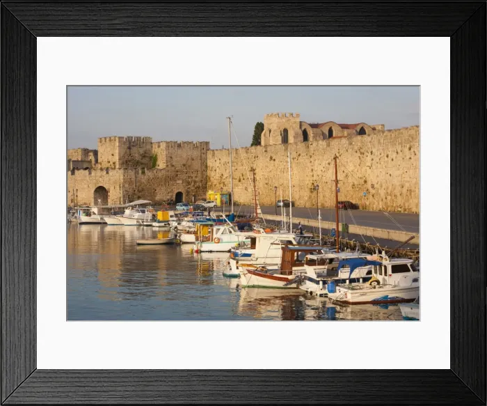 Framed Print : View across tranquil Kolona Harbour to the city walls, sunrise, Rhodes Town, Rhodes Framed Print : View across tranquil Kolona Harbour to the city walls, sunrise, Rhodes Town, Rhodes