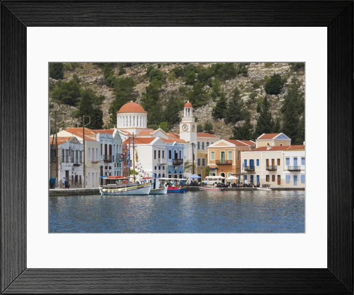 Framed Print : Waterfront houses and church, Kastellorizo (Kastelorizo, Megisti, Meis), Rhodes, Dodecanese Islands Framed Print : Waterfront houses and church, Kastellorizo (Kastelorizo, Megisti, Meis), Rhodes, Dodecanese Islands