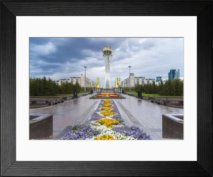 Framed Print : Nurzhol Bulvar, Central Boulevard and Bayterek Tower illuminated at night, Astana