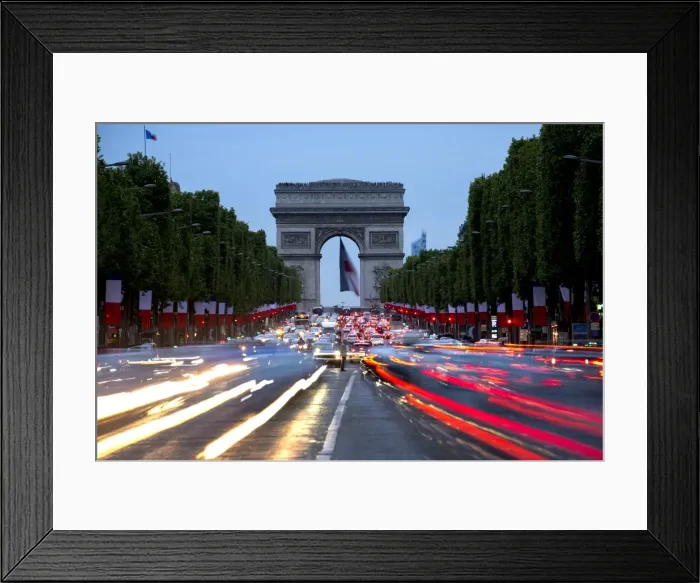 Framed Print : View down the Champs Elysees to the Arc de Triomphe, illuminated at dusk, Paris, France Framed Print : View down the Champs Elysees to the Arc de Triomphe, illuminated at dusk, Paris, France