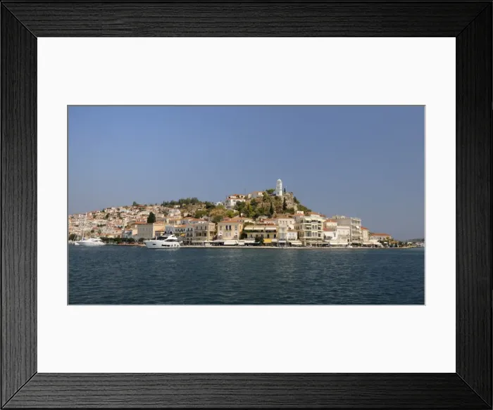 Framed Print : Poros town and harbour viewed from the sea, Poros island, Attica, Peloponnese, Greece Framed Print : Poros town and harbour viewed from the sea, Poros island, Attica, Peloponnese, Greece