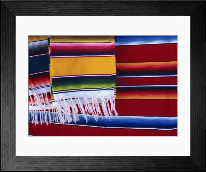 Framed Print : Striped woven rugs in vibrant primary colours for sale in Mexico Framed Print : Striped woven rugs in vibrant primary colours for sale in Mexico