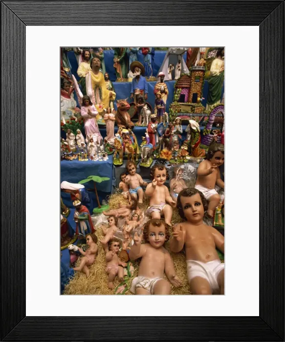 Framed Print : Christian nativity figures including baby Jesus dolls Framed Print : Christian nativity figures including baby Jesus dolls