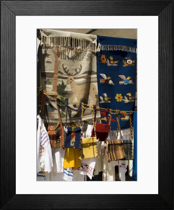 Framed Print : Bags and rugs for sale on market day